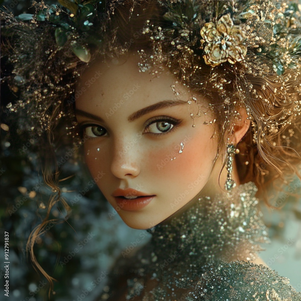 A captivating portrait of a woman adorned with floral elements and sparkling details, embodying elegance and nature's beauty. A captivating portrait of a woman adorned with floral elements and sparkling details, embodying elegance and nature's beauty.