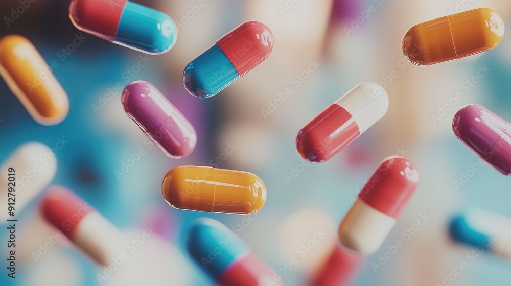 Close-up of colorful pills floating in mid-air Close-up of colorful pills floating in mid-air