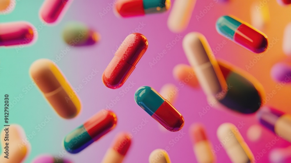 Close-up of colorful pills floating in mid-air Close-up of colorful pills floating in mid-air