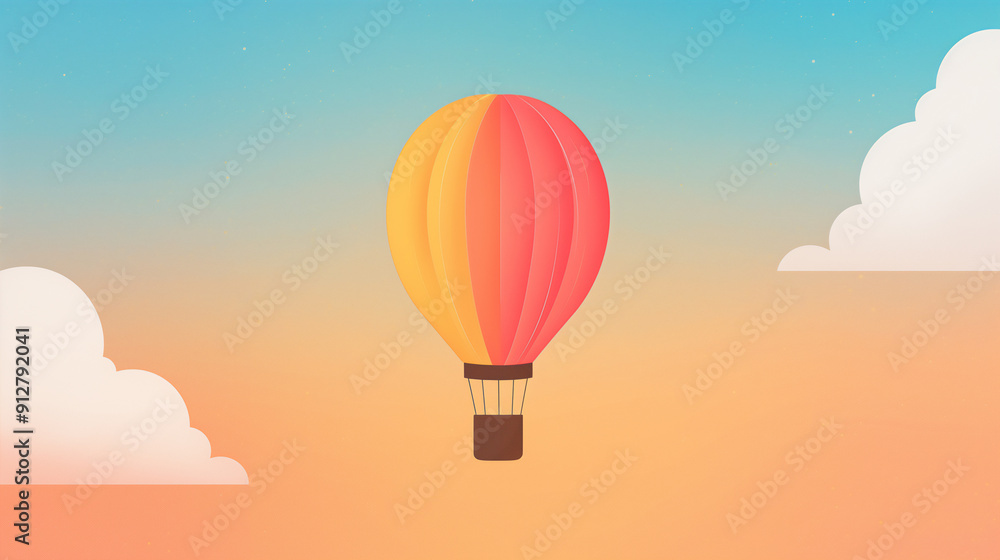 Obraz premium Colorful Hot Air Balloon in a Clear Sky With Clouds During a Sunset, Ideal for Summer Adventure and Travel Concepts