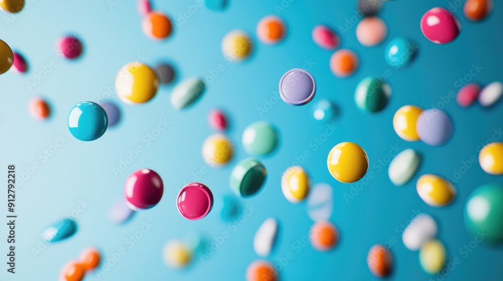 Close-up of colorful pills floating in mid-air Close-up of colorful pills floating in mid-air