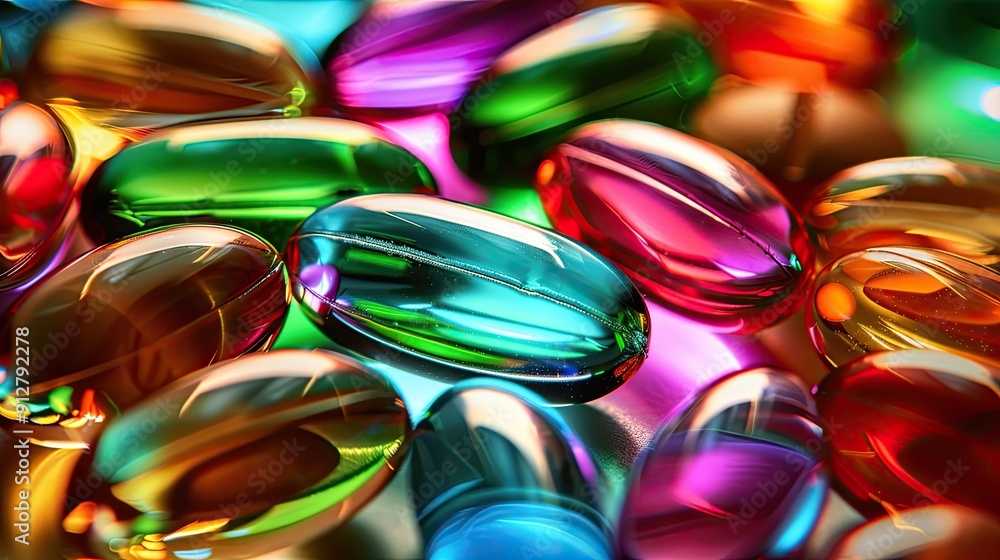 Close-up of colorful translucent capsules. Bright and vivid hues in a macro shot, showcasing the beauty of medicinal pills and capsules. Close-up of colorful translucent capsules. Bright and vivid hues in a macro shot, showcasing the beauty of medicinal pills and capsules.