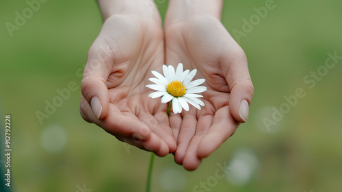 Hands Holding Single Daisy Flower in Outdoor Natural Setting for Spring or Summer Conceptual Design