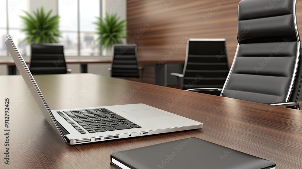 Fototapeta premium A sleek laptop and notebook sit on a polished conference table in a contemporary office, ready for an important business meeting with panoramic city views