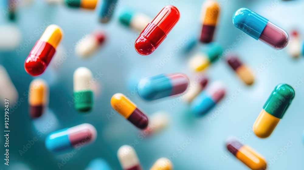 Close-up of colorful pills floating in mid-air Close-up of colorful pills floating in mid-air