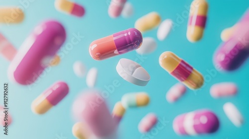 Close-up of colorful pills floating in mid-air