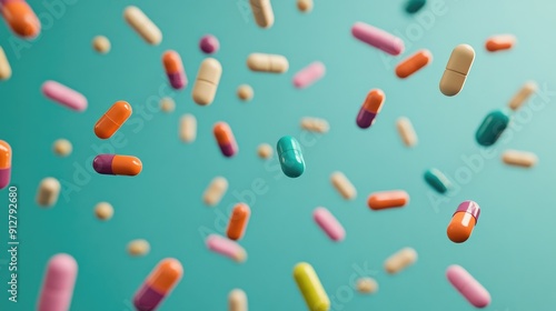 Close-up of colorful pills floating in mid-air