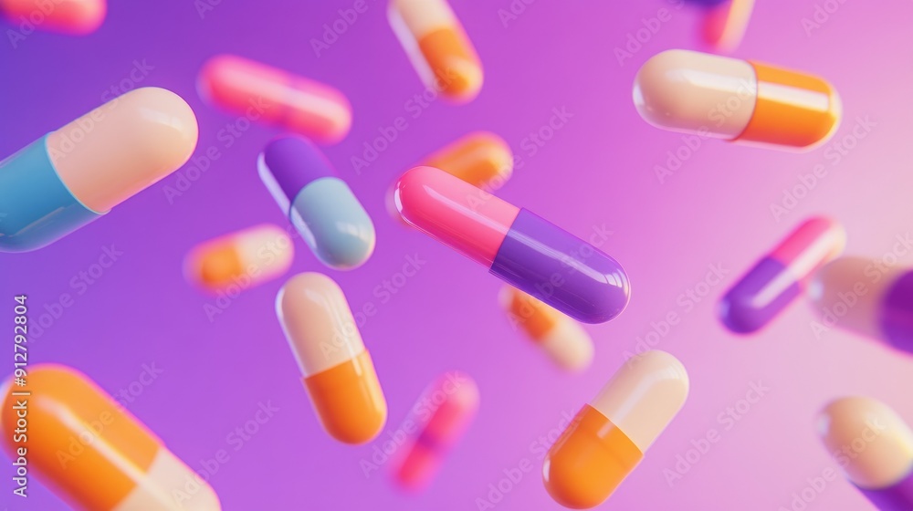 Close-up of colorful pills floating in mid-air Close-up of colorful pills floating in mid-air