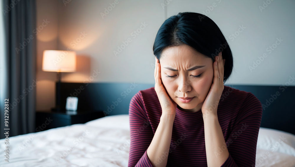 Japanese woman holding her upper head experiencing migraine, modern minimalist bedroom background Japanese woman holding her upper head experiencing migraine, modern minimalist bedroom background