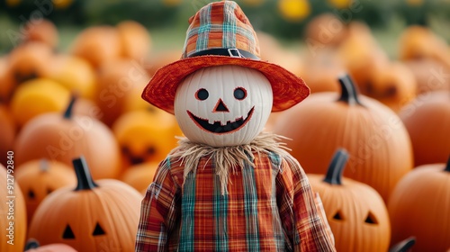 cute Halloween scarecrow surrounded by happy pumpkins Cartoonish style, simple lines, pastel palette Soft and inviting photo