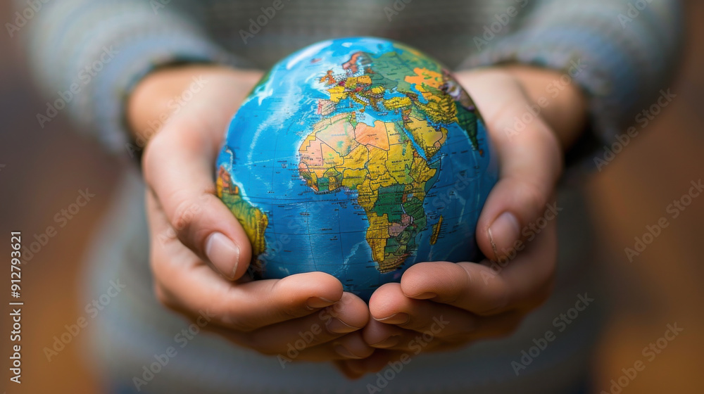 Close-up of hands holding a small globe, representing global care, environmental protection, and worldwide connection. Close-up of hands holding a small globe, representing global care, environmental protection, and worldwide connection.