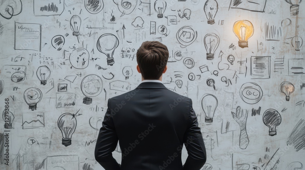 A man in a suit looking at a wall with creative hand A man in a suit looking at a wall with creative hand