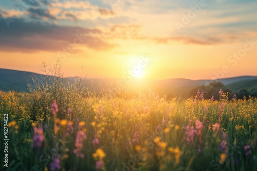 Vibrant Sunset Over a Wildflower Field