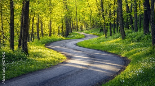 Winding paved road through lush green forest with white wildflowers.