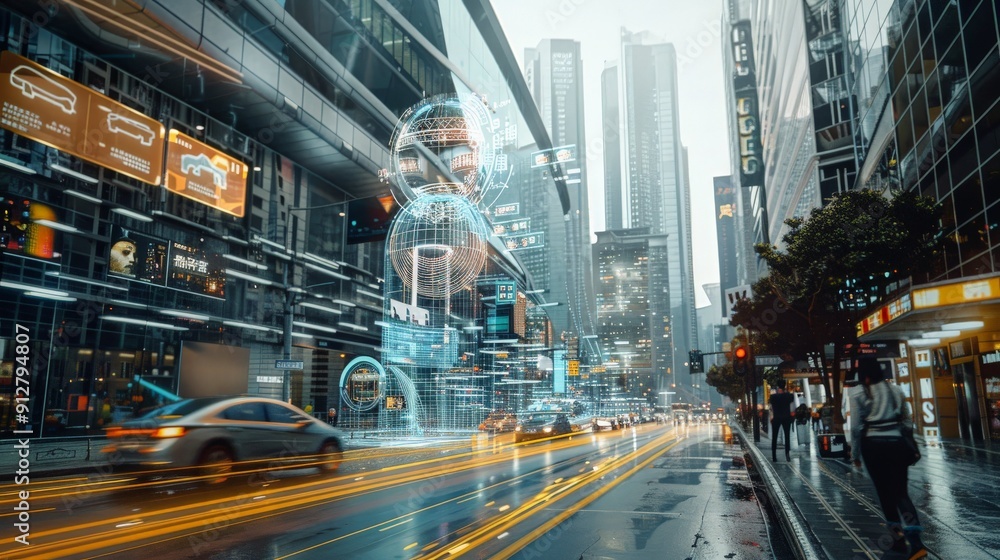 Obraz premium Futuristic Cityscape with Holographic Projection.