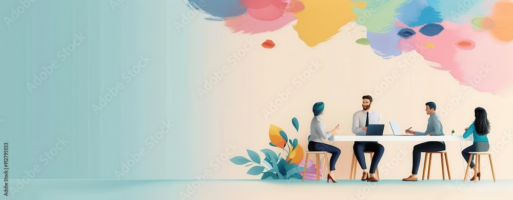 Marketing team discussing creative strategies, right-aligned, pastel background, high resolution Marketing team discussing creative strategies, right-aligned, pastel background, high resolution