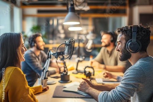 Group of podcasters having a lively discussion around a table