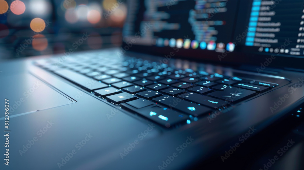 Close-up of a laptop keyboard with code displayed on the screen, highlighting technology and programming. Close-up of a laptop keyboard with code displayed on the screen, highlighting technology and programming.