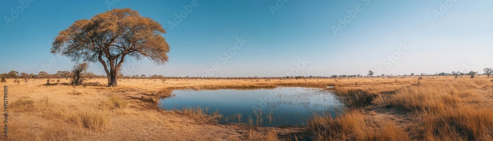 A large acacia tree and a waterhole under a clear sky A large acacia tree and a waterhole under a clear sky