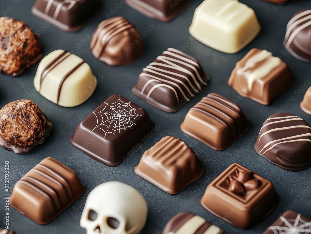 Luxurious Halloween chocolate assortment with skeleton and web motifs, Halloween, Elegant presentation Luxurious Halloween chocolate assortment with skeleton and web motifs, Halloween, Elegant presentation
