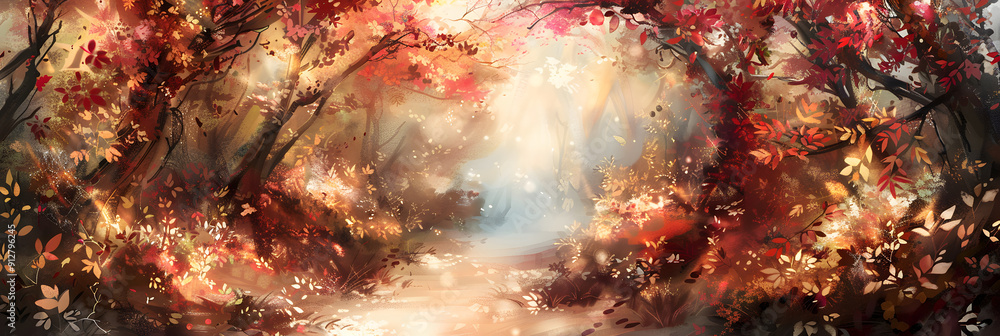 Vibrant autumn forest path. Fallen leaves create carpet of reds and golds. Sunlight filters through canopy Vibrant autumn forest path. Fallen leaves create carpet of reds and golds. Sunlight filters through canopy