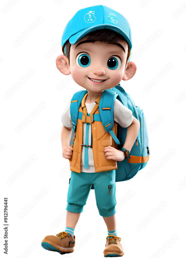 Cartoon 3d character with blue cap and backpack running isolated on white background. Back to shcool. Student and education Cartoon 3d character with blue cap and backpack running isolated on white background. Back to shcool. Student and education