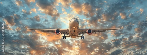 Flying airplane at sunrise,...