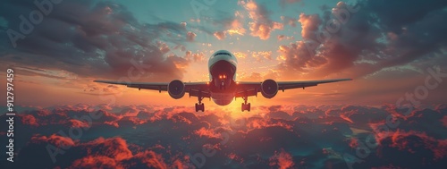 Flying airplane at sunrise,...