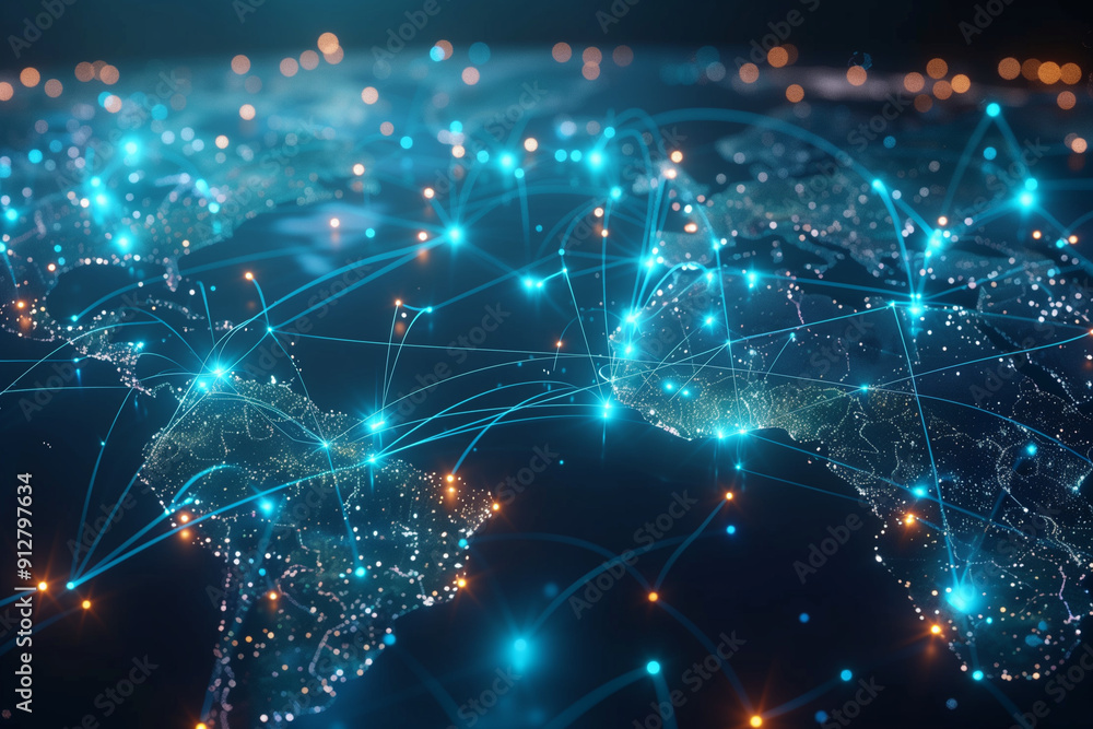 Fototapeta premium A Global Network Visualization Featuring a Digital Map with Glowing Connections