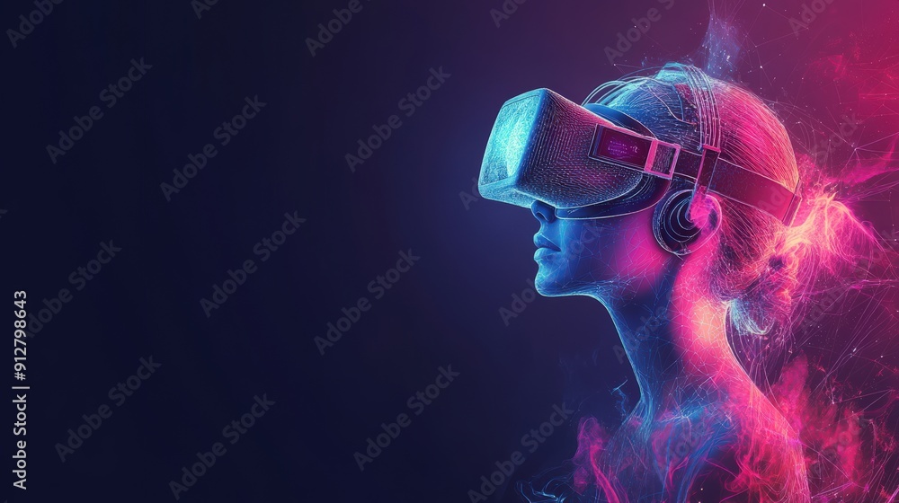 Woman Wearing VR Headset in Abstract Digital Space Woman Wearing VR Headset in Abstract Digital Space