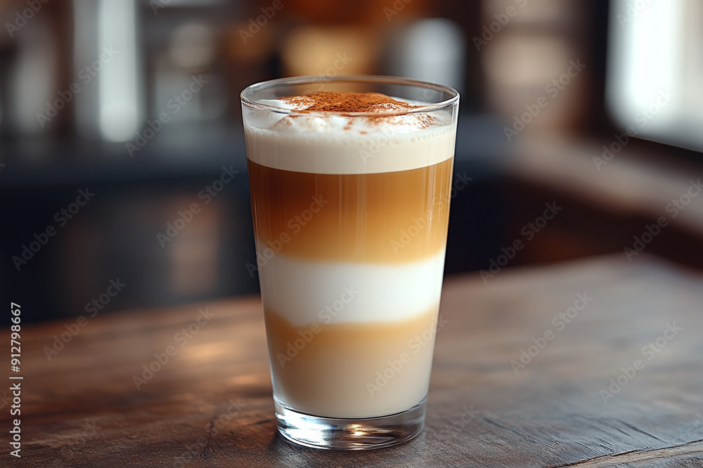 A long macchiato with layered espresso and milk in a clear glass. A long macchiato with layered espresso and milk in a clear glass.