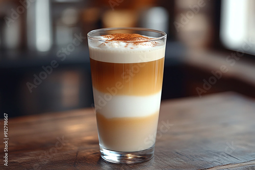 A long macchiato with layered espresso and milk in a clear glass.