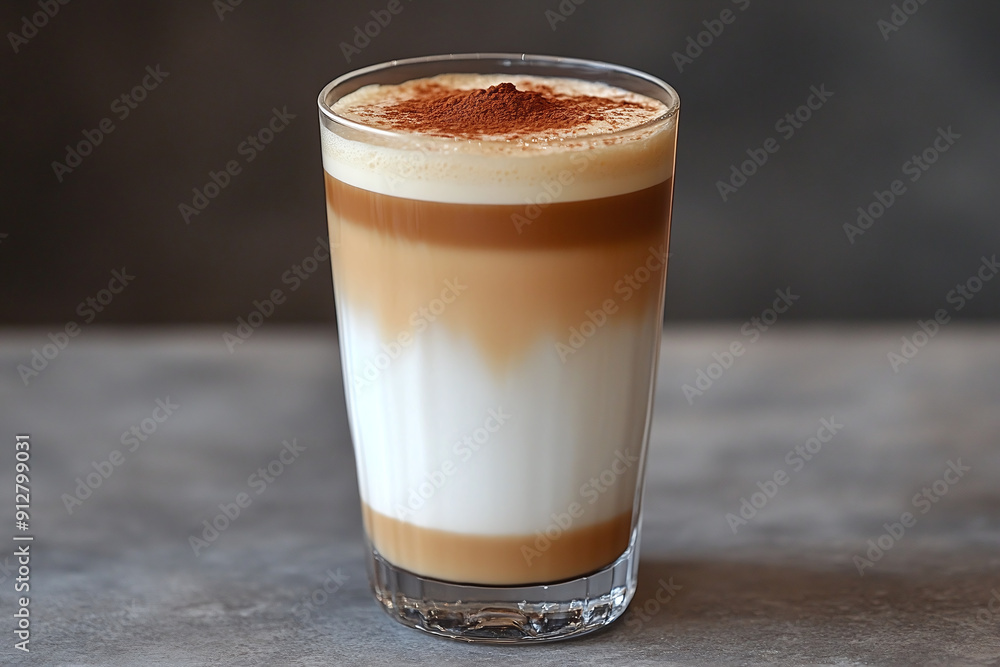 A long macchiato with layers of espresso and milk in a tall glass. A long macchiato with layers of espresso and milk in a tall glass.