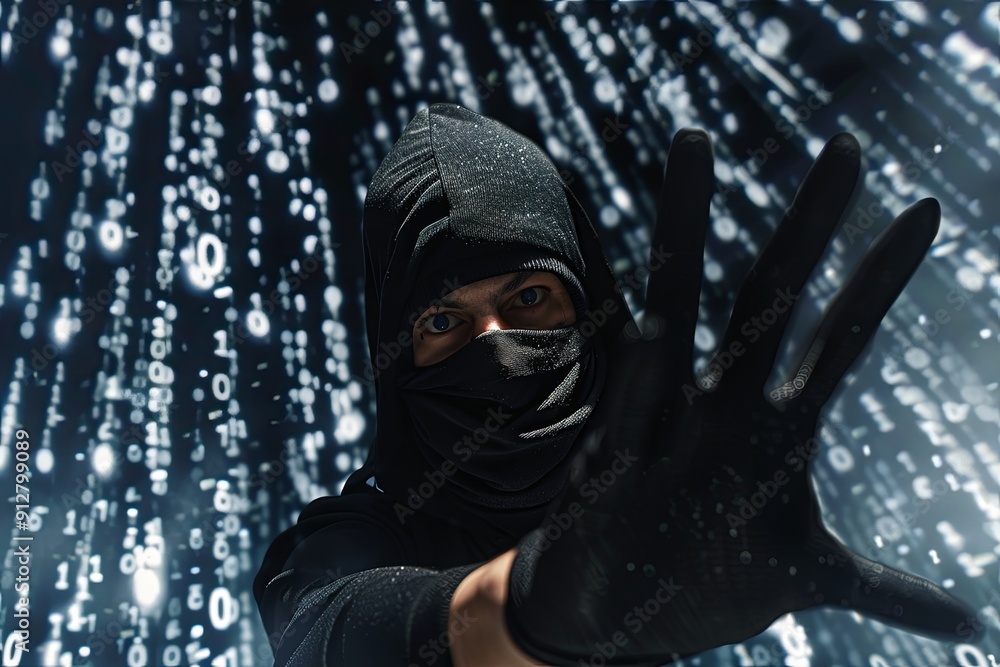 Mysterious hooded figure with glowing digital code in the background. Mysterious hooded figure with glowing digital code in the background.