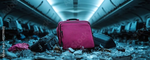 A vivid image of an abandoned suitcase in an empty airplane, surrounded by debris, highlighting themes of travel and neglect. photo