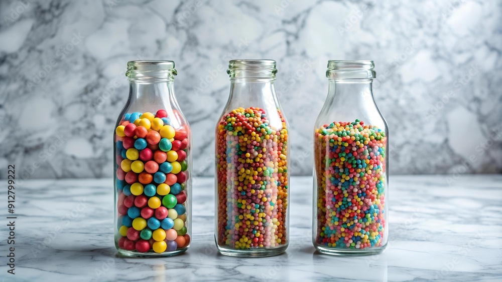 A Splash of Color: Three Candy Bottles and Sprinkles on a Gleaming Marble Surface AI Generated A Splash of Color: Three Candy Bottles and Sprinkles on a Gleaming Marble Surface AI Generated