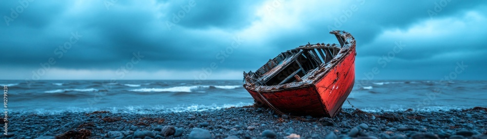 An abandoned red boat rests on a rocky shoreline under a moody sky, capturing the essence of isolation and nature's beauty. An abandoned red boat rests on a rocky shoreline under a moody sky, capturing the essence of isolation and nature's beauty.