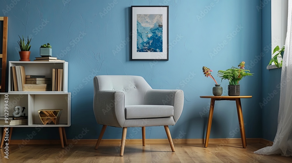 Stylish living room with a gray armchair and blue wall. Stylish living room with a gray armchair and blue wall.