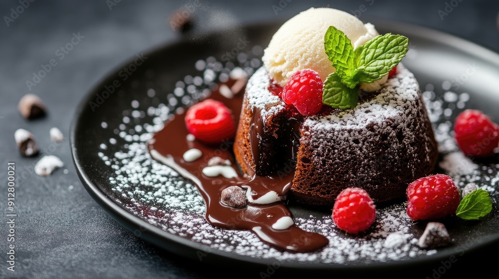 Molten chocolate lava cake with vanilla ice cream, raspberry, mint leaf, powdered sugar, and cocoa pieces. Copy text space available. Molten chocolate lava cake with vanilla ice cream, raspberry, mint leaf, powdered sugar, and cocoa pieces. Copy text space available.