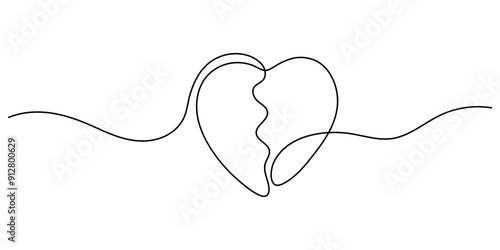 Broken heart continuous line drawing vector on white background. One line broken heart vector background. Ruined love. Continuous outline broken heart.