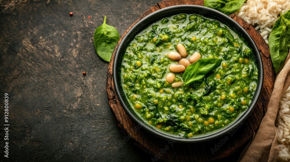 Nutritious Palak Khichdi, an Indian dish of lentils, rice, and spinach, displayed with advertising space. Perfect for healthy meal promotions. Nutritious Palak Khichdi, an Indian dish of lentils, rice, and spinach, displayed with advertising space. Perfect for healthy meal promotions.