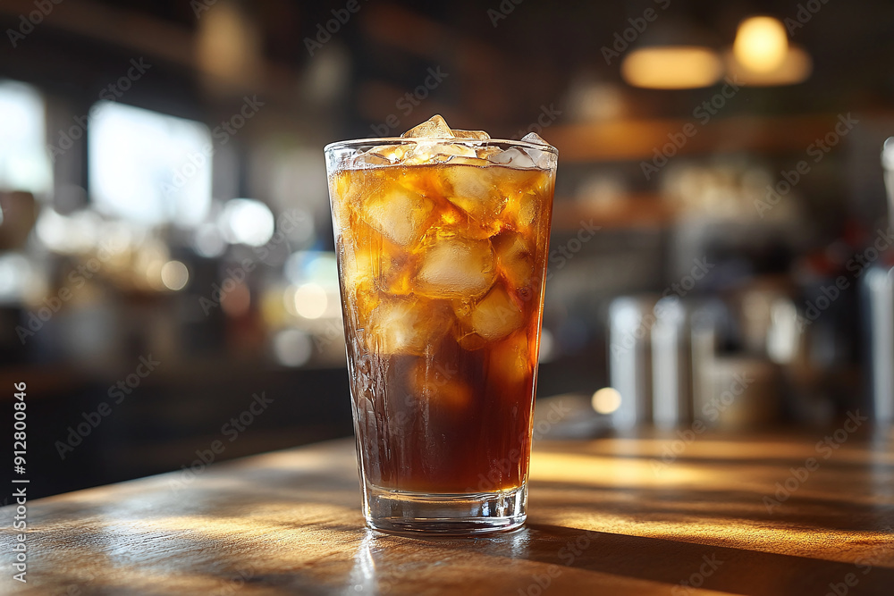 An iced coffee with cold brew and ice cubes in a tall glass. An iced coffee with cold brew and ice cubes in a tall glass.