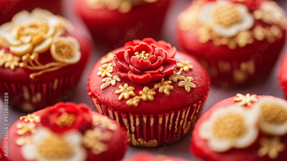 Photography of a close-up of delicate red and gold Chinese New Year-themed cupcakes with intricate designs Photography of a close-up of delicate red and gold Chinese New Year-themed cupcakes with intricate designs