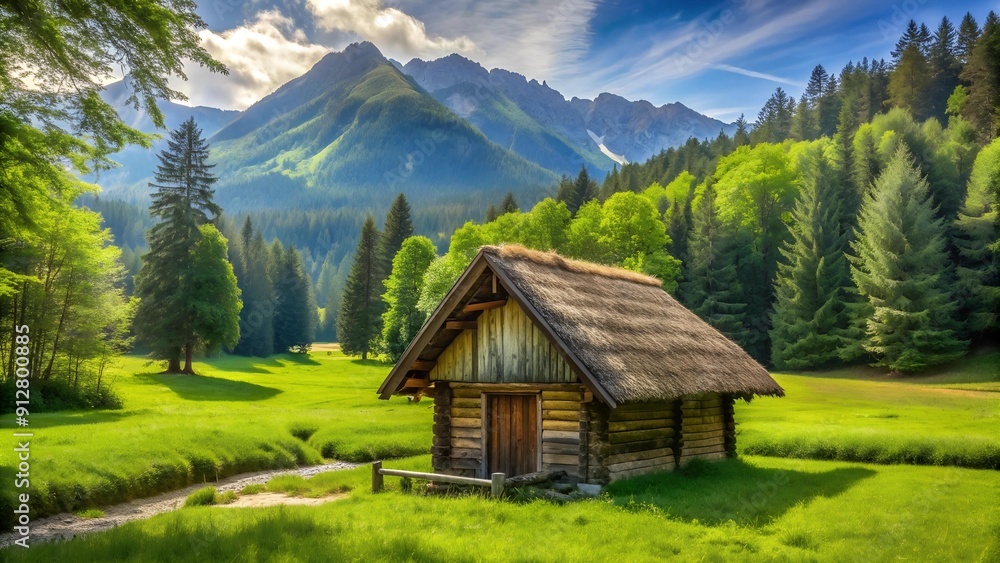 A Verdant Meadow with a Rustic Wooden Hut Generative AI A Verdant Meadow with a Rustic Wooden Hut Generative AI