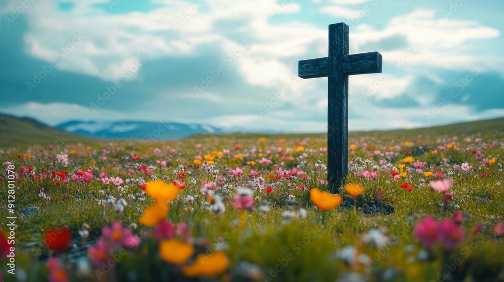 Stone cross in field of wildflowers, clouds and sky. Religious spiritual faith symbol. Remembrance Day 2024. Stone cross in field of wildflowers, clouds and sky. Religious spiritual faith symbol. Remembrance Day 2024.