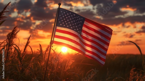 An inspiring image of the American flag waving proudly against a backdrop of a warm sunset sky.