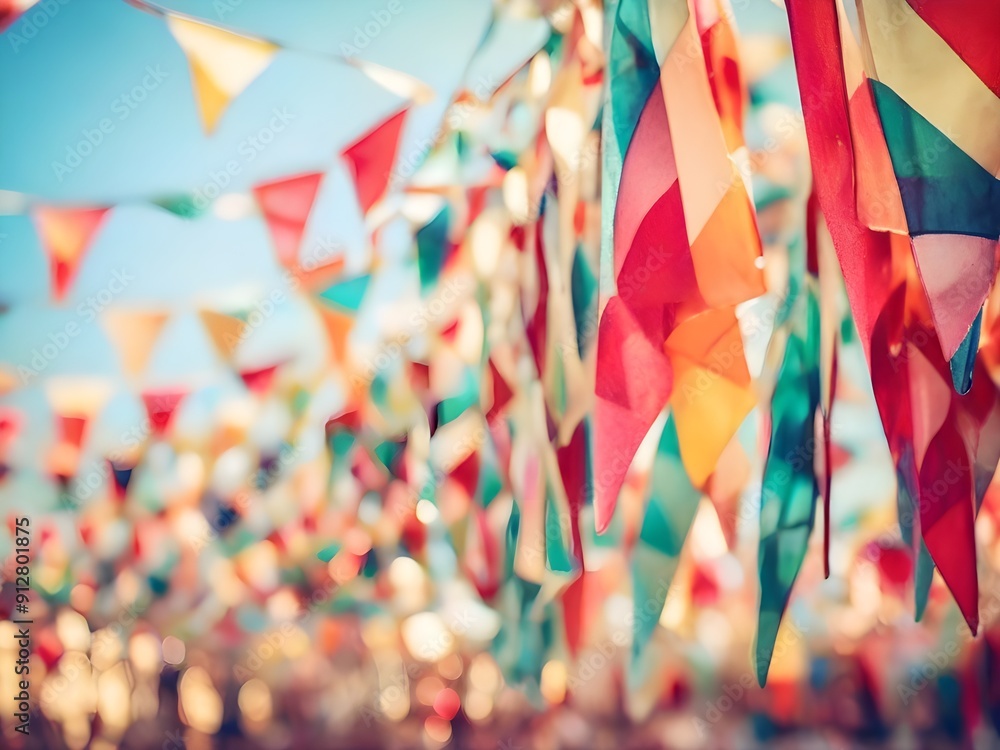 Obraz premium Sports Day Blurry Background Colorful Triangle-Shaped Ornamental Flags
