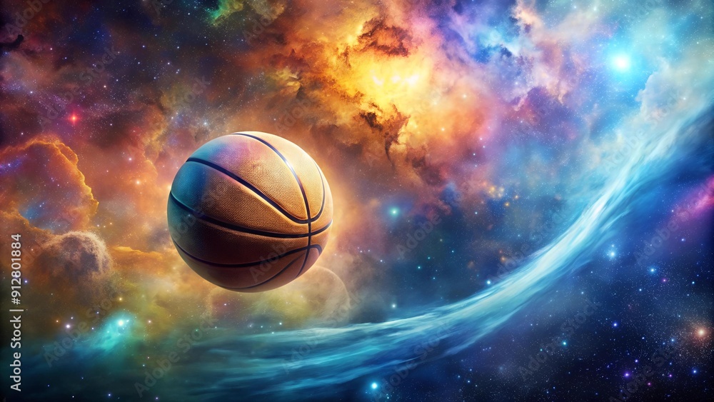 A basketball suspended in a swirling expanse of nebula colors, representing the vast potential of the sport. generative AI A basketball suspended in a swirling expanse of nebula colors, representing the vast potential of the sport. generative AI