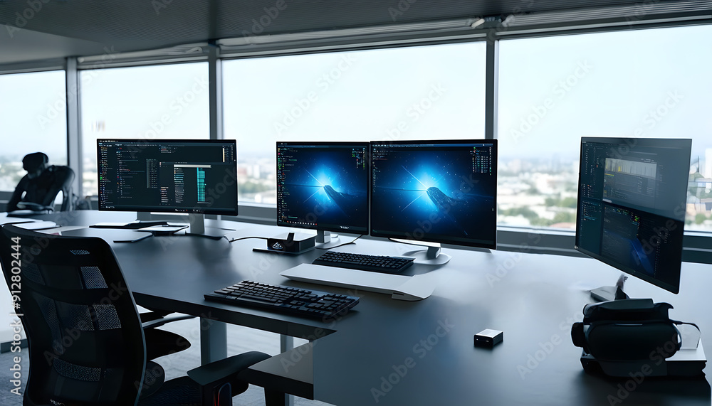 Fototapeta premium High-Tech Office Workspace with Multiple Monitors and City View