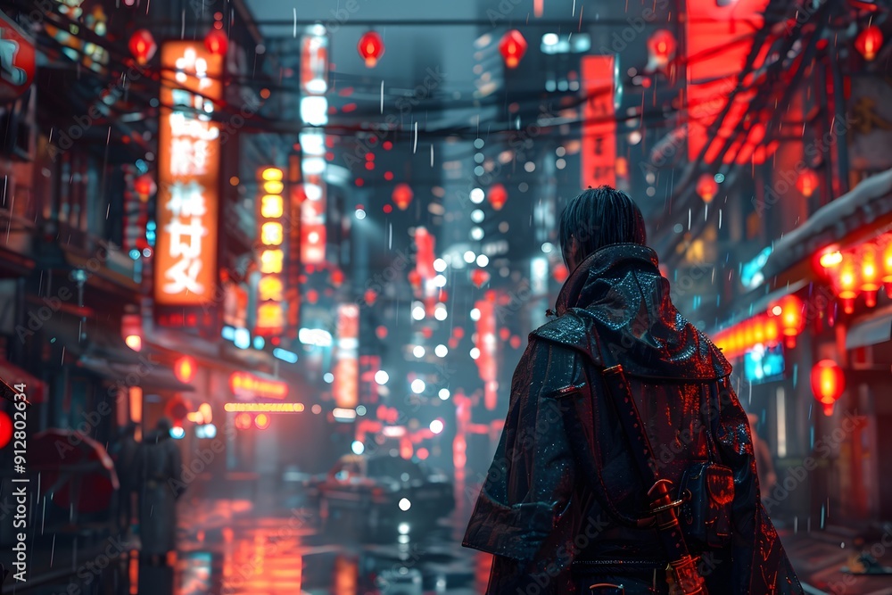 Obraz premium Cyberpunk Cityscape with Rain and Neon Lights.